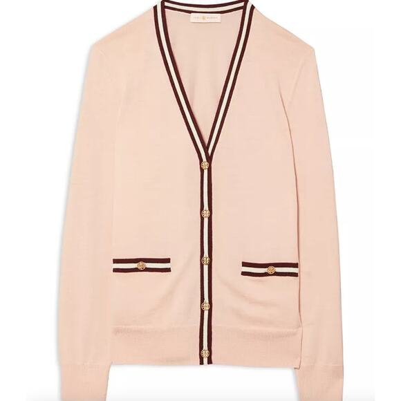 Tory Burch Madeline Merino Wool Grandpa Cardigan Pink Maroon Buttons Size Large - Picture 8 of 8